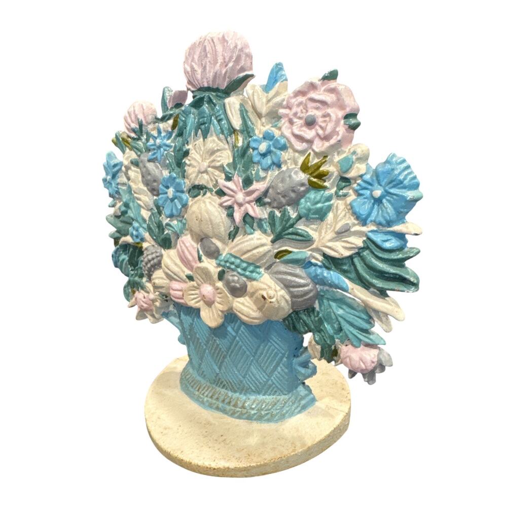 Vintage Cast Iron Pastel Floral Basket Doorstop - Picture 3 of 8